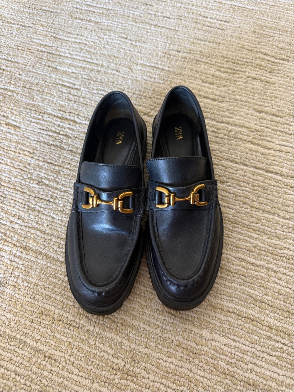 Zara Black Leather Loafers with Gold Bit